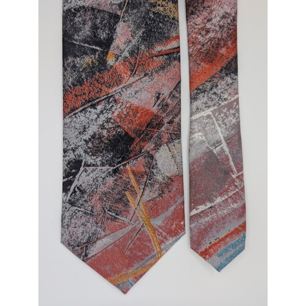 Italian Silk Necktie Mens Orange Grey Abstract Art Print 80s 90s Classic SHORT